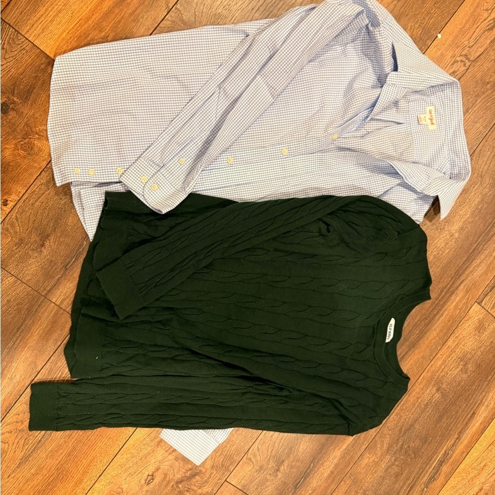Boys- Green Cable Knit Sweater and Blue Checkered Shirt